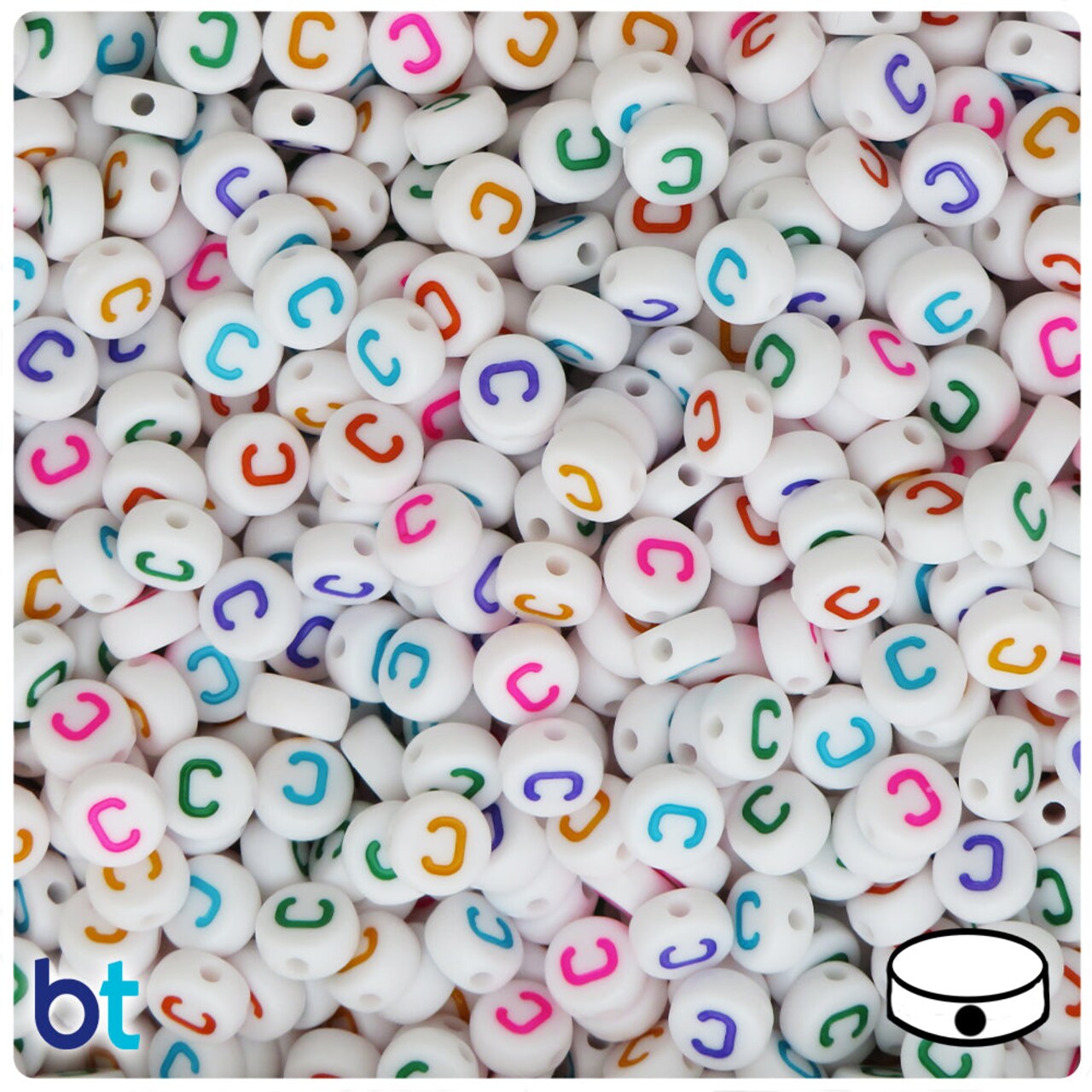 BeadTin White Opaque 7mm Coin Plastic Alpha Beads - Colored Letter C (100pcs)